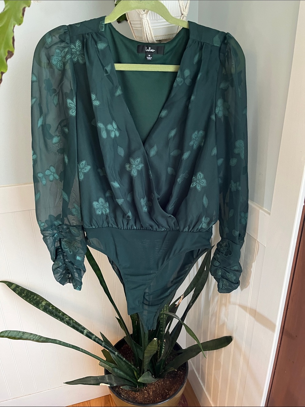 Lulu's Emerald Green Floral Sheer Long Sleeve Bodysuit